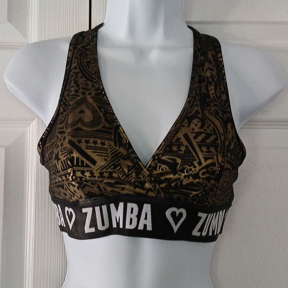 Zumba Wear Marvelous gold black metallic sports Bra  Sz M NWOT
